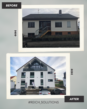 Wohnhaus vor und nach einer Fassadenmodernisierung mit Dachausbau und Balkonen
