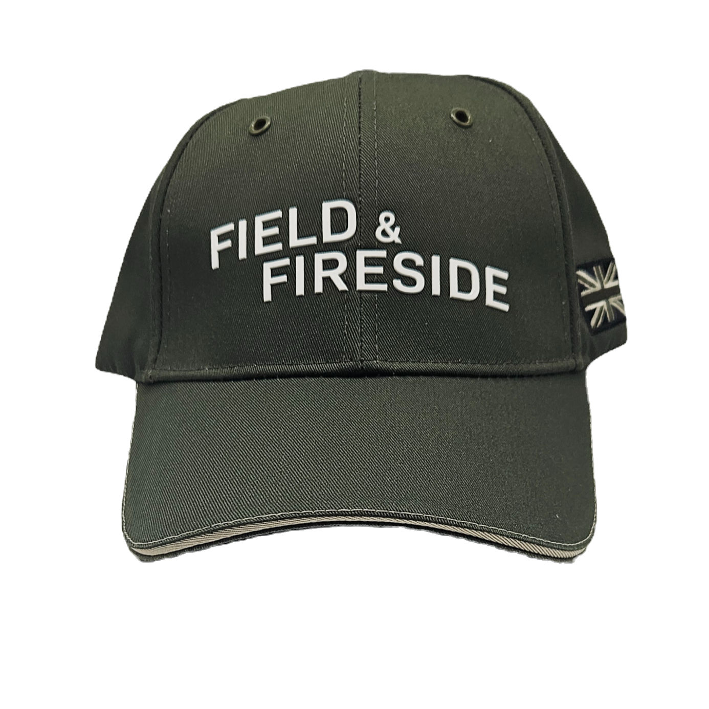 Green Field & Fireside Cap with logo and flag, perfect outdoor wear.