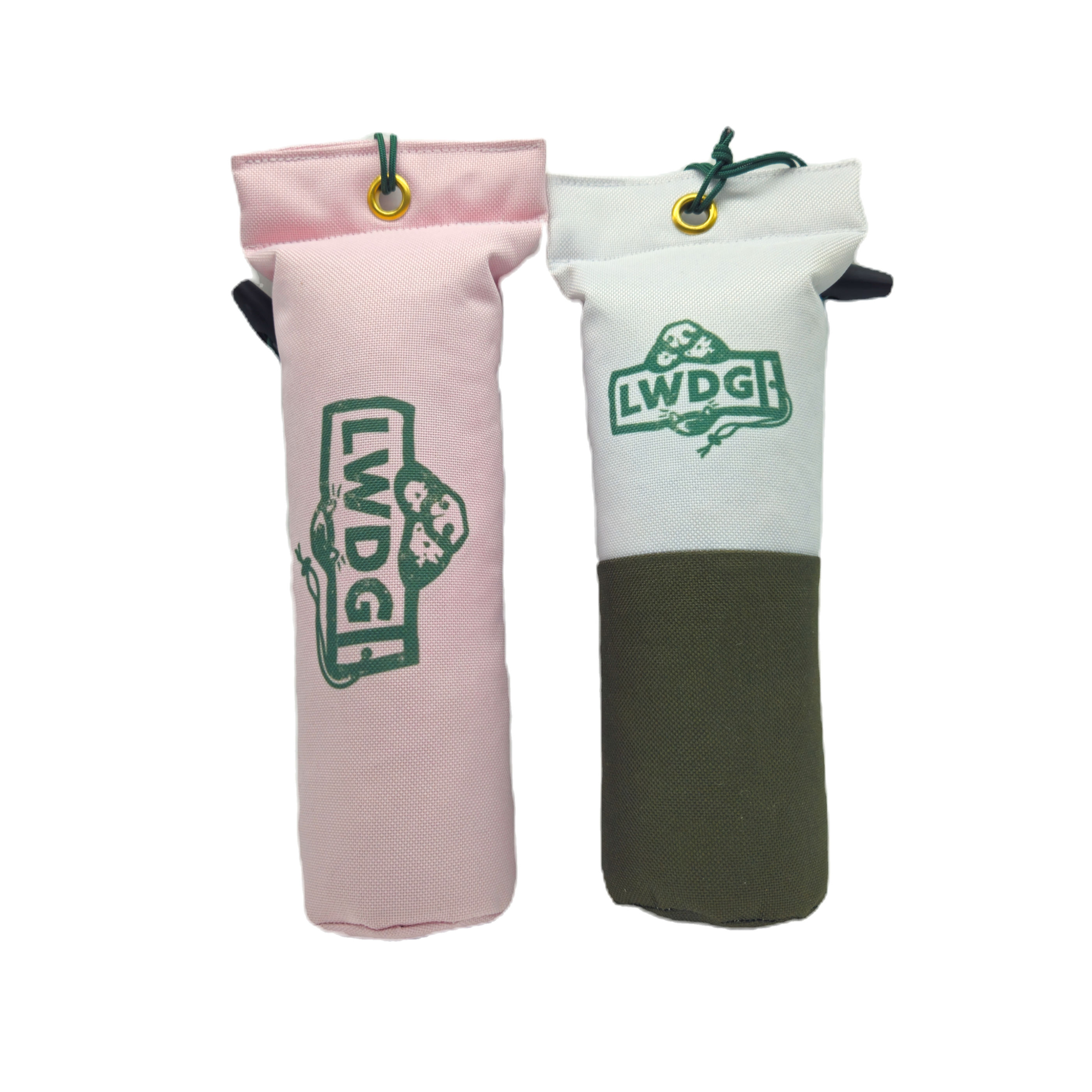 The LWDG 1lb dummies - one is pale pink and the other is half olive green & half white. Both dummies have the LWDG logo printed on in green. The background is white