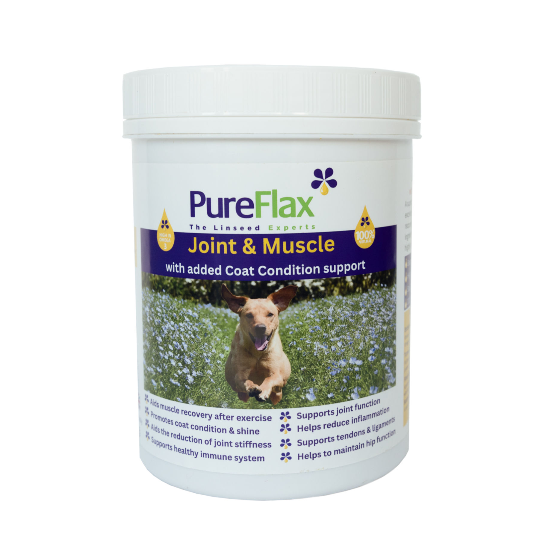 A tub of PureFlax Joint & Muscle with added coat condition support against a white background.