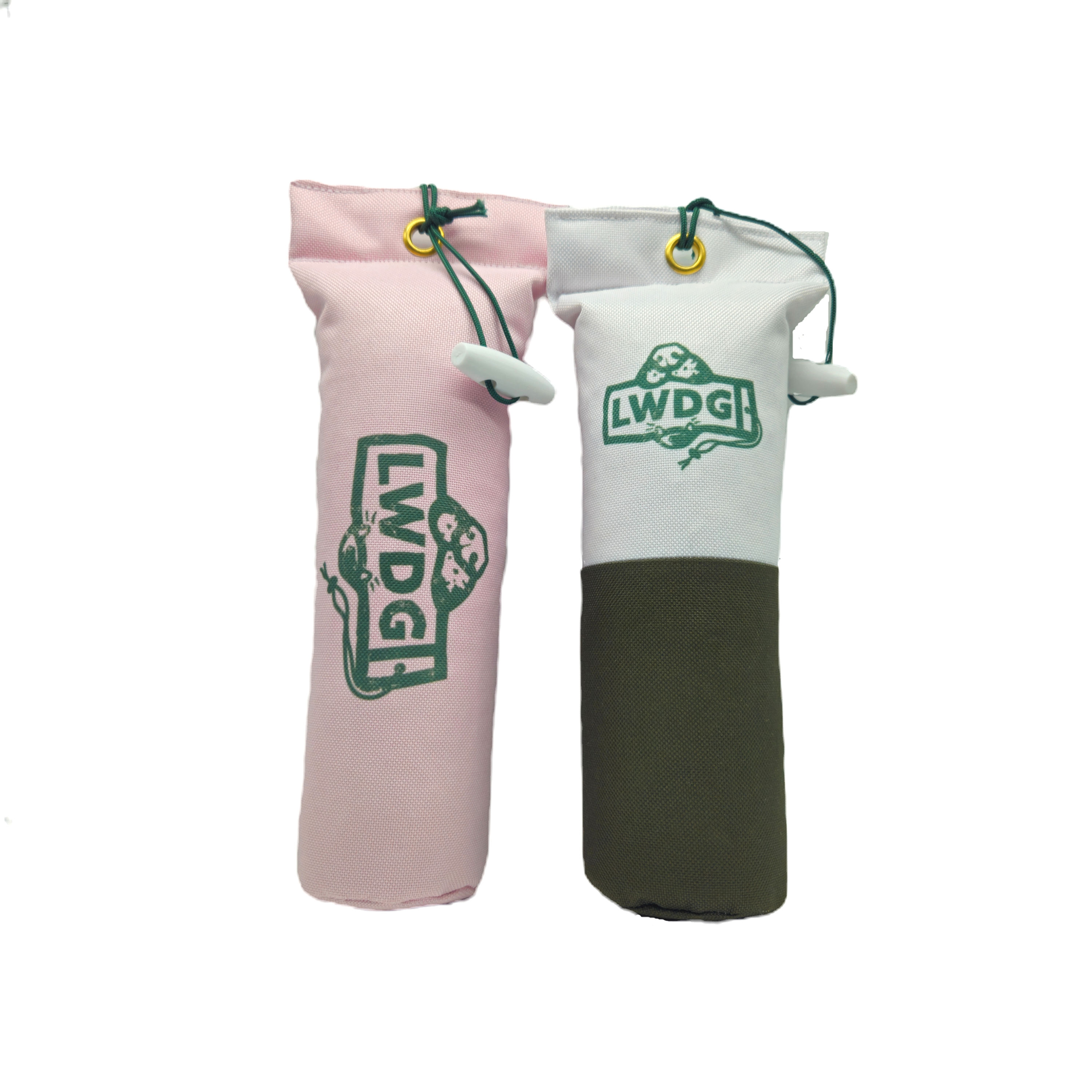 A pair of LWDG 1/2lb Dummies against a white background. One is pink and one is green & white.