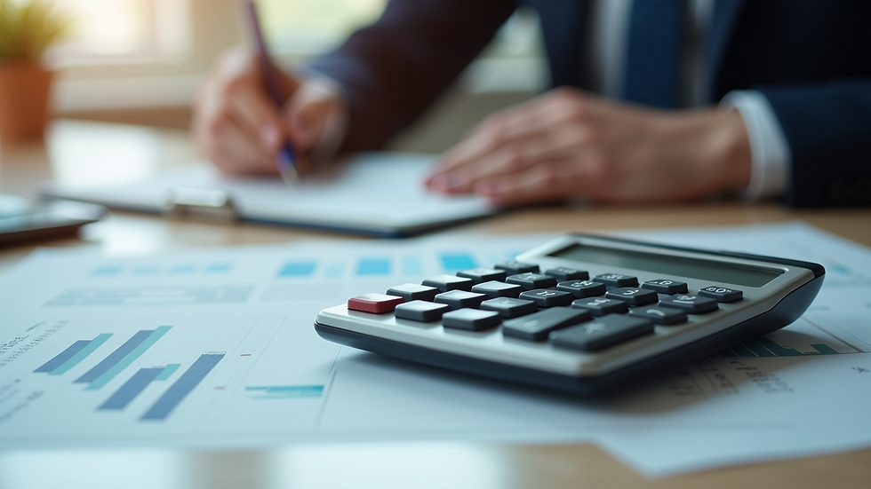 Close-up view of a calculator and financial documents on a desk