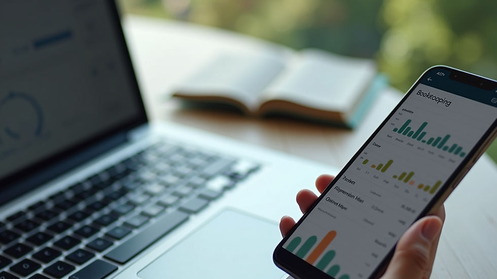 High angle view of a laptop and smartphone displaying bookkeeping software