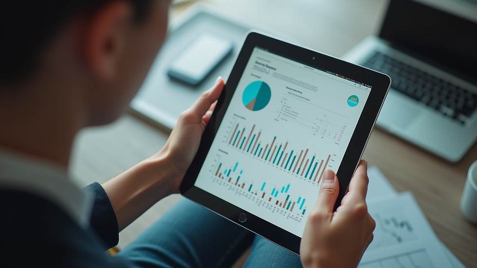 High angle view of a person using a tablet with accounting software