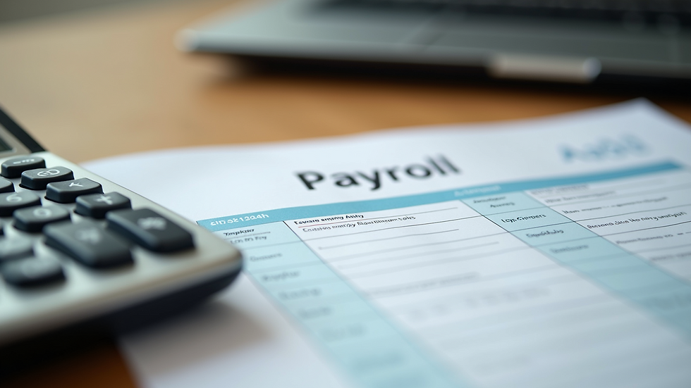 Close-up view of a calculator and payroll documents on a wooden desk