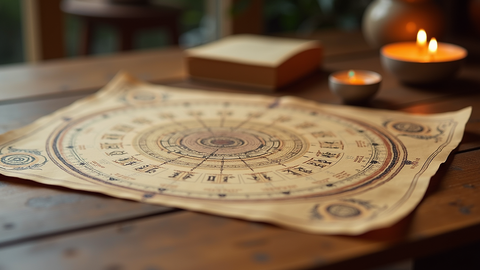 Close-up view of a traditional Vedic astrology chart on a wooden table