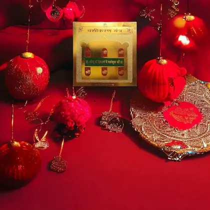 Red decorative ornaments and a gold package