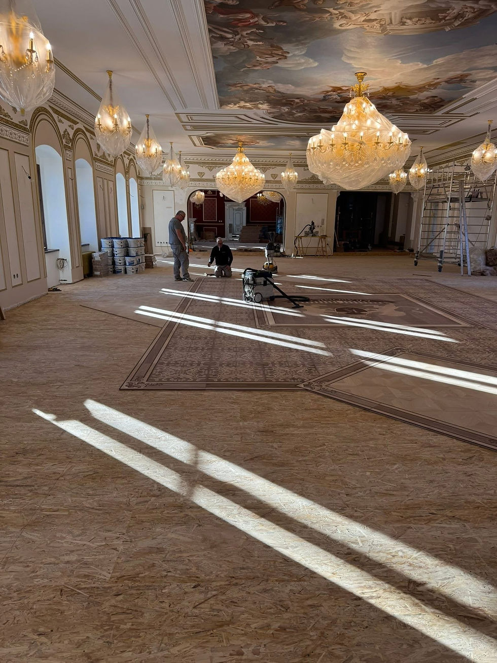 Hardwood floor during sanding and preparation