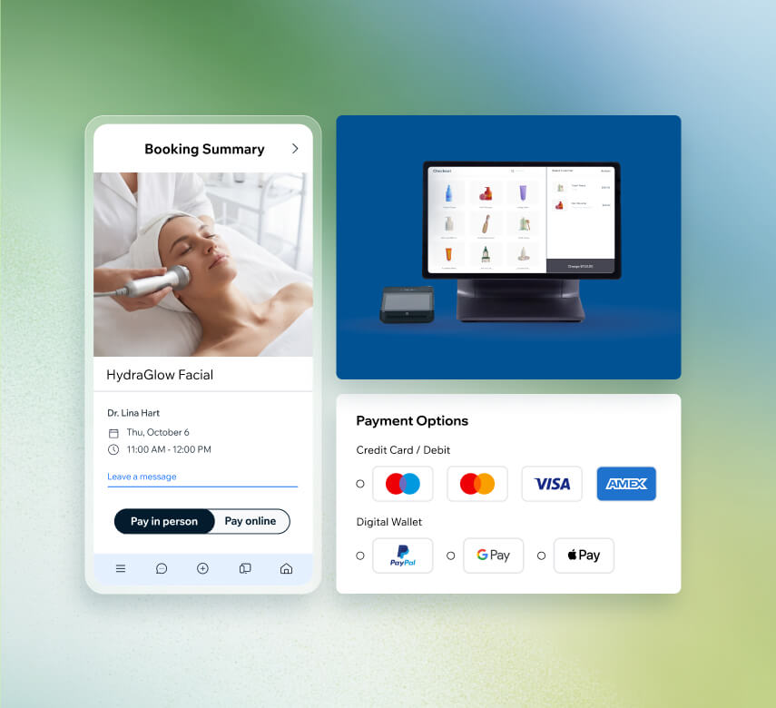 Booking summary for a HydraGlow Facial appointment with flexible payment options including credit cards, PayPal, Google Pay, and Apple Pay alongside a POS system