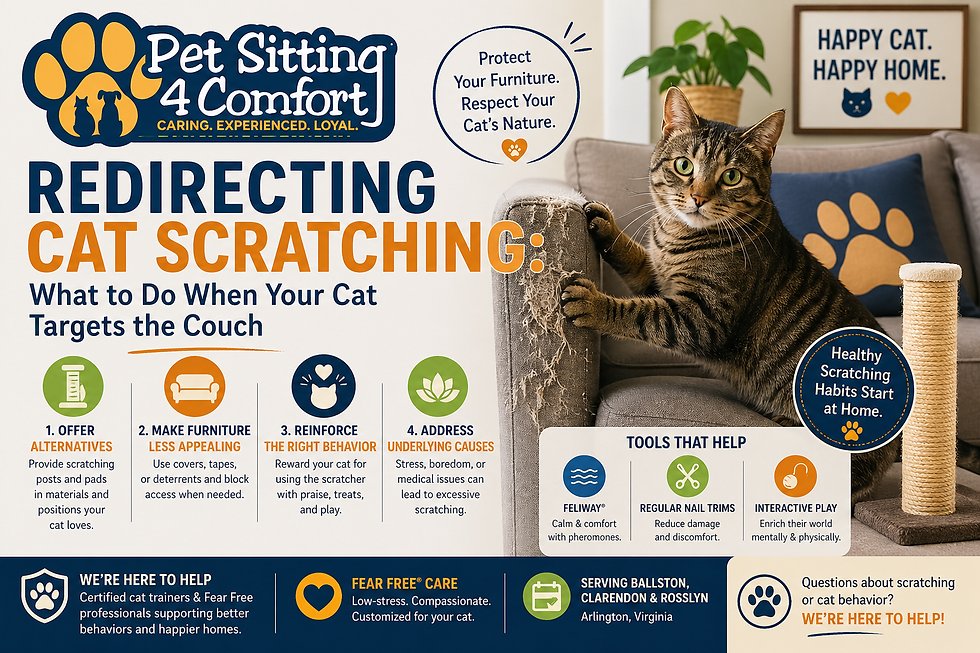 Tabby cat scratching couch beside scratching post with Pet Sitting 4 Comfort logo and cat scratching behavior tips