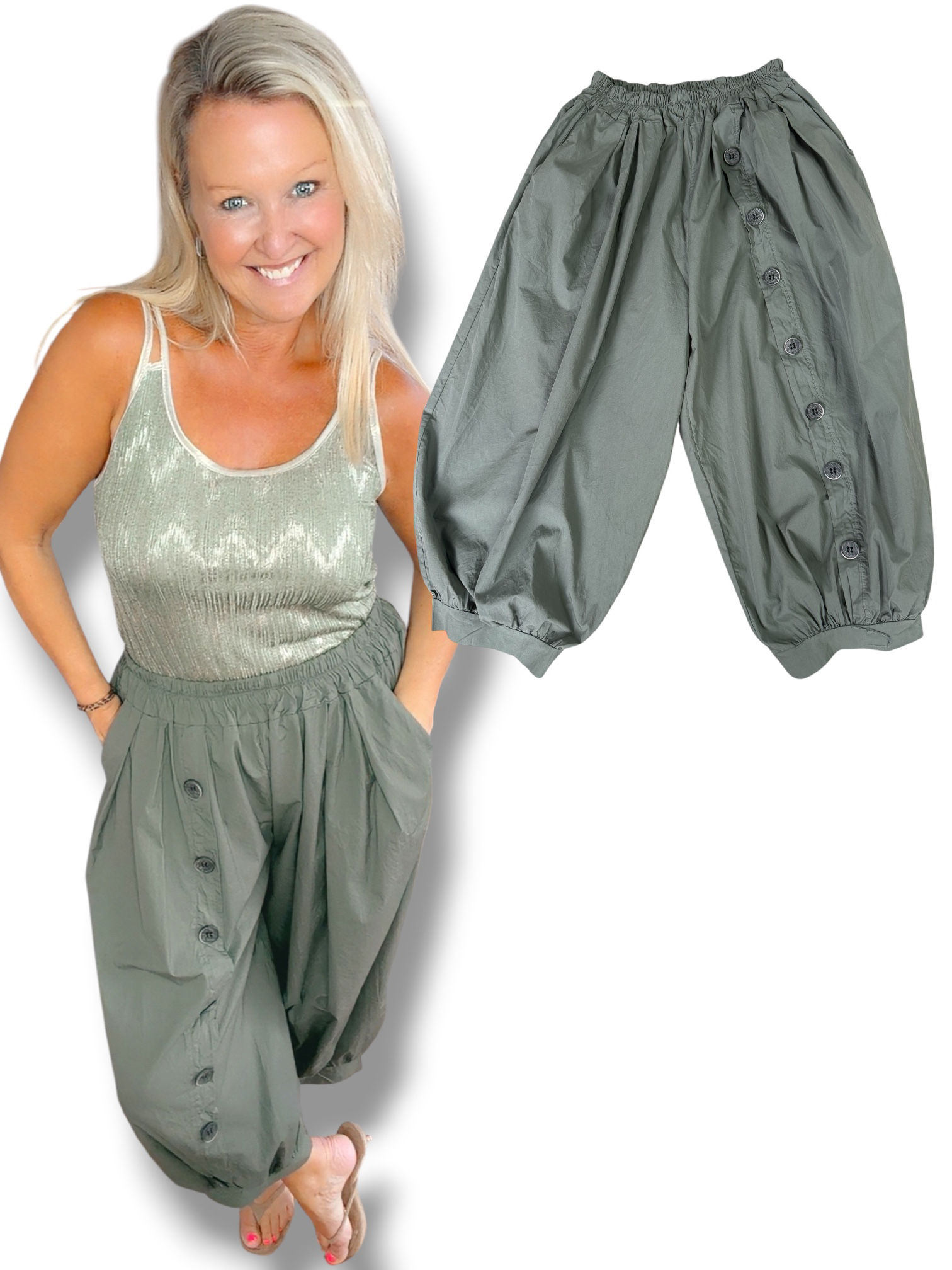 Balloon broek in lichte stof khaki met knoopjes