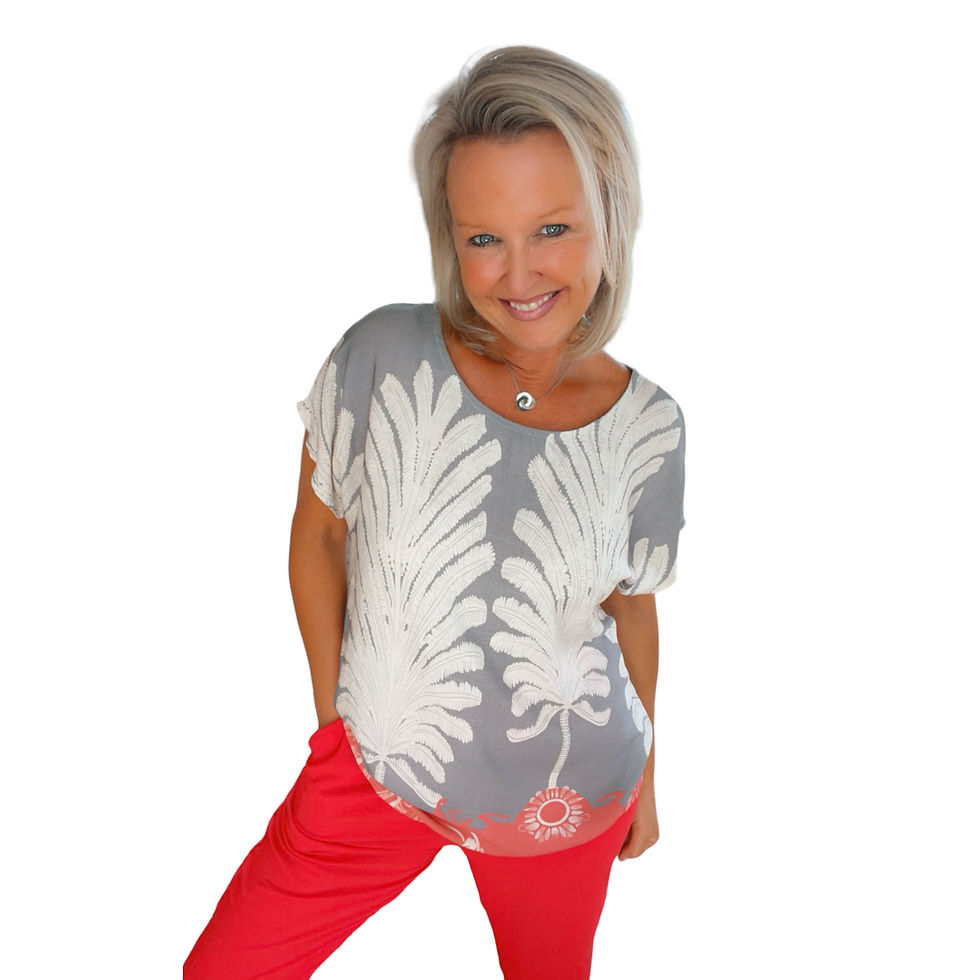 Thumbnail: Driekleurige blouse met strikje achteraan blauw/ecru/rood