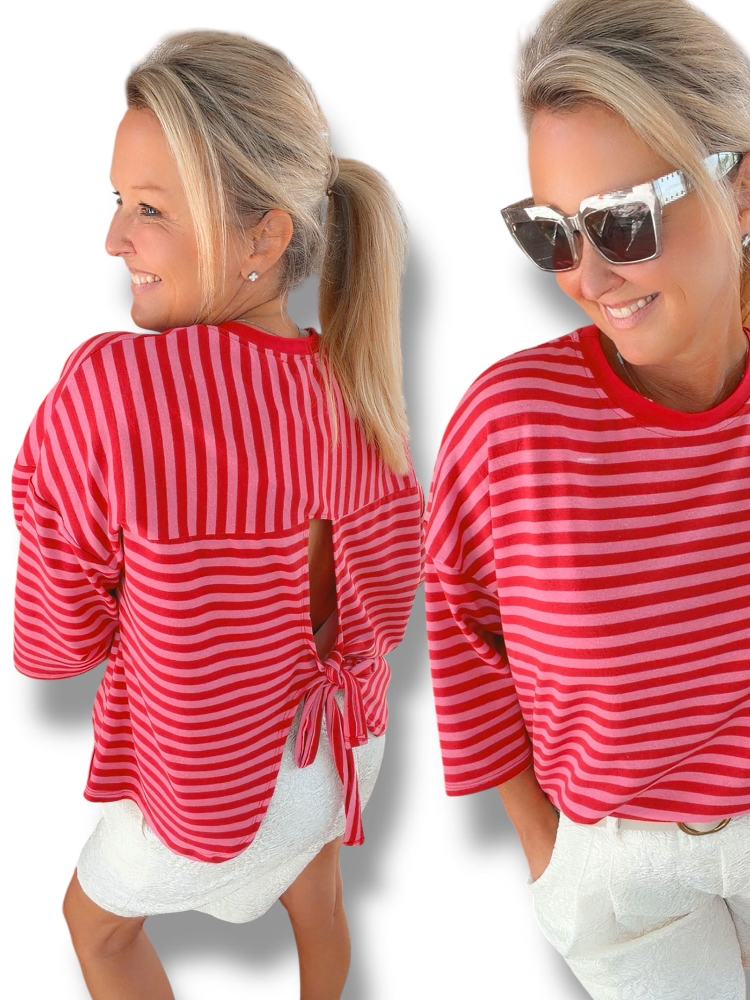T-shirt rood/roze met strikje achteraan