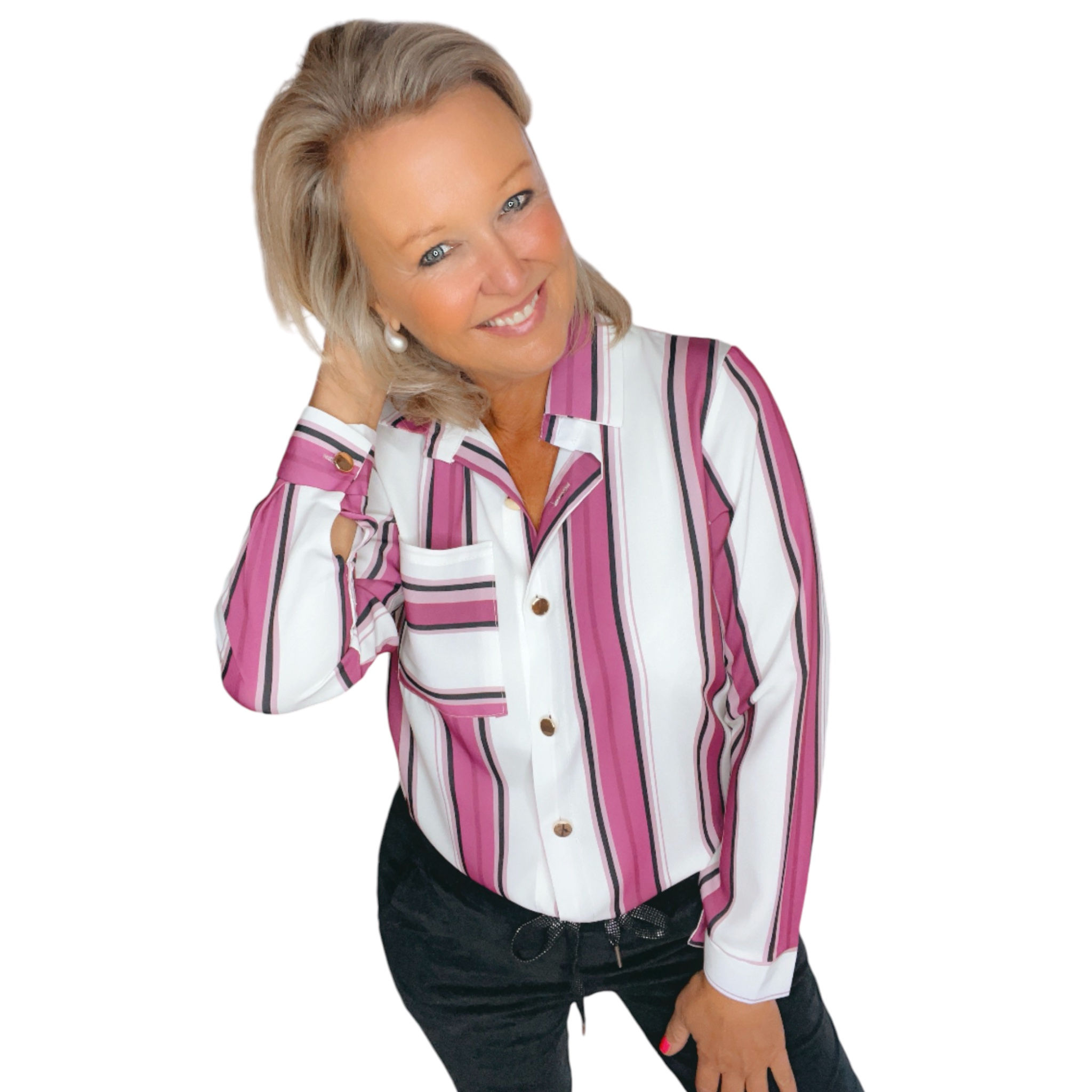 Blouse gestreept bordeaux/roze