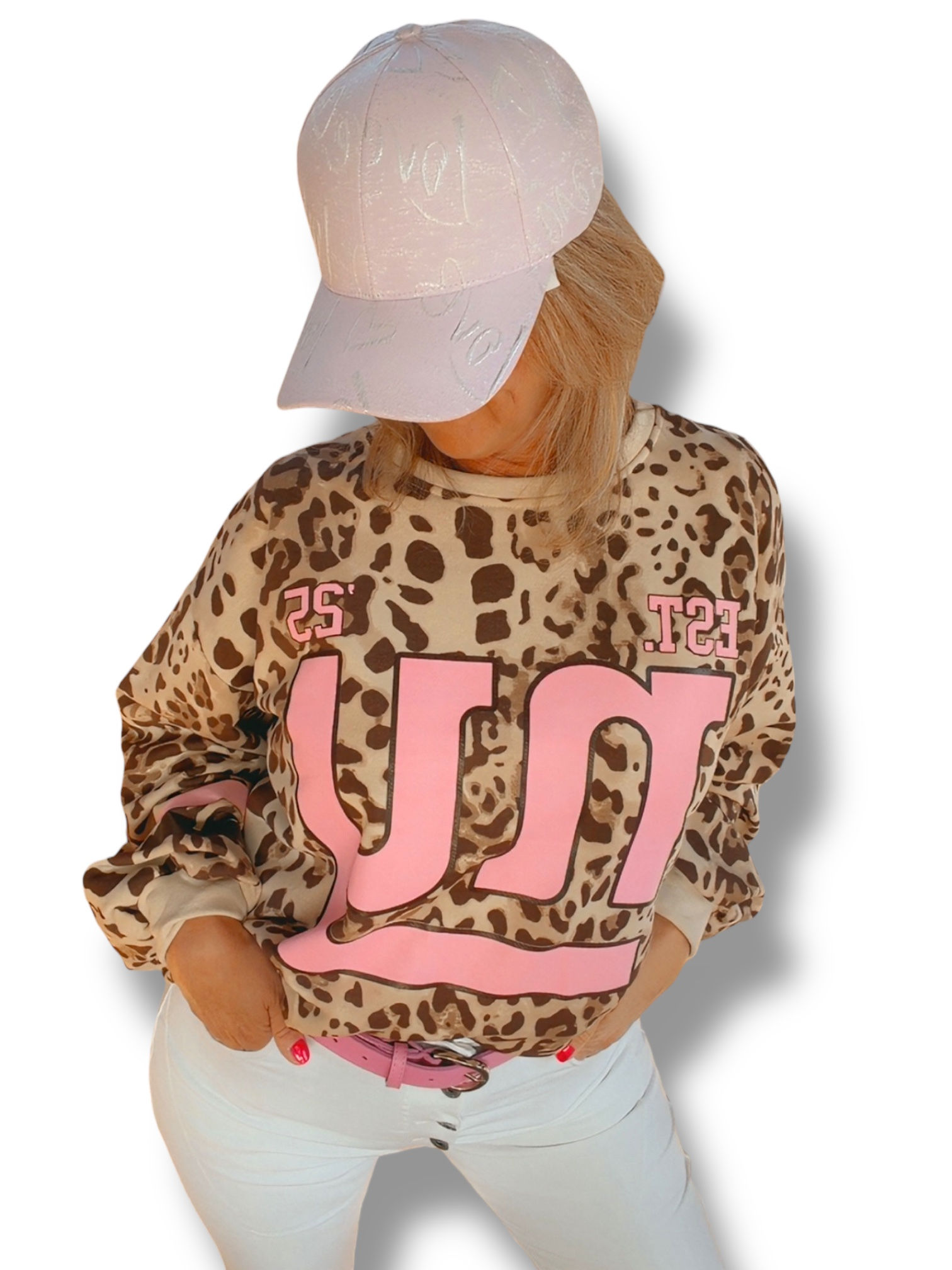 Sweater oversized leopard met roze opdruk