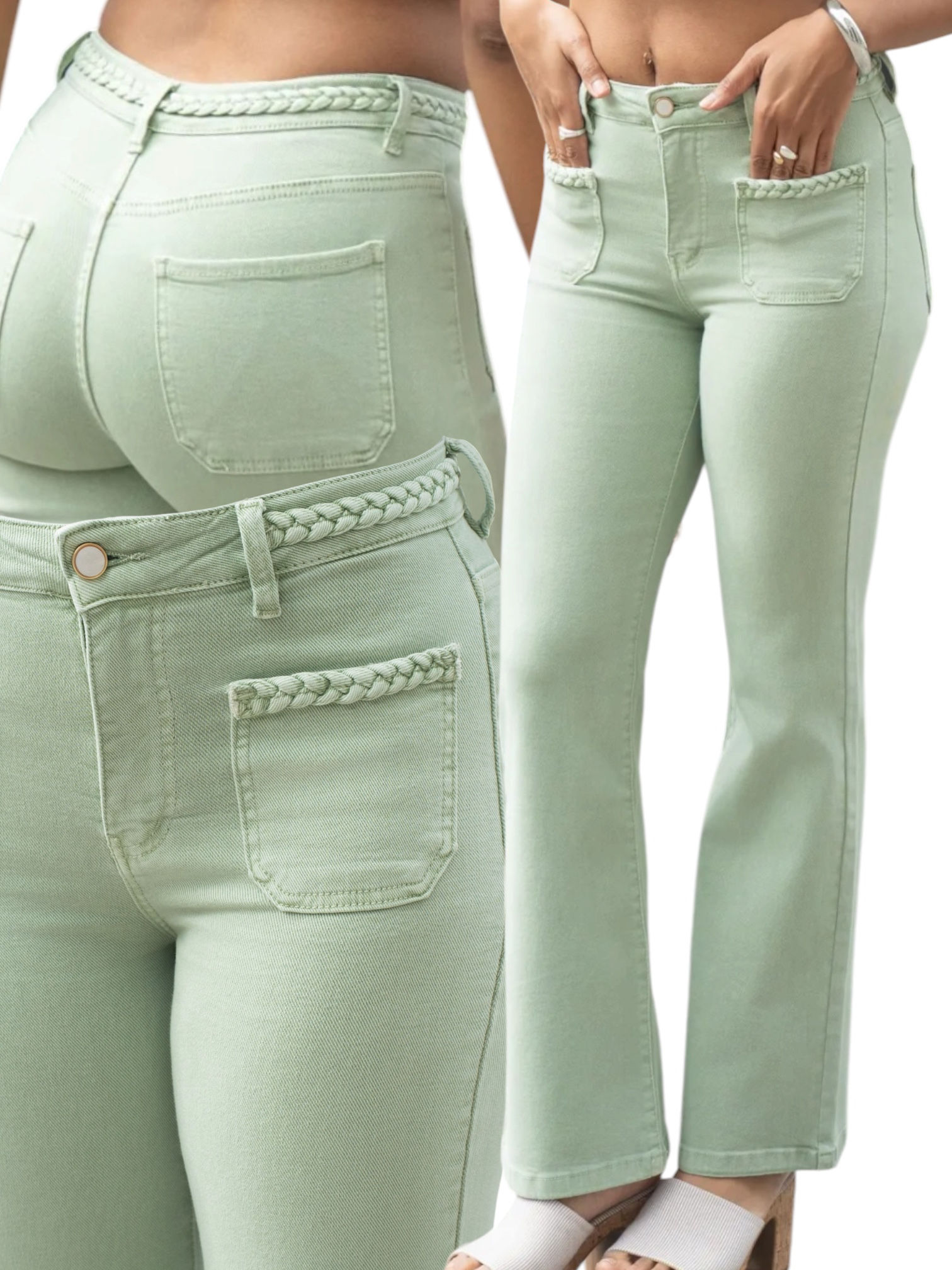 Wide leg Folyrose met vlechtwerk muntgroen 
