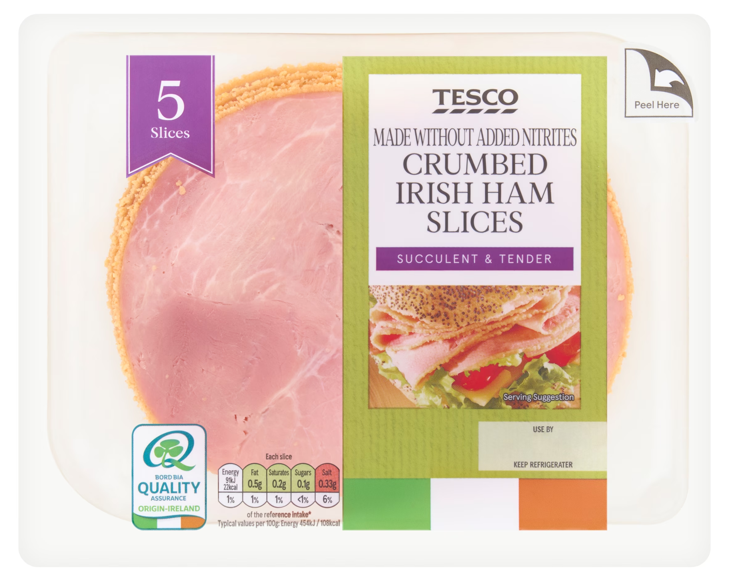 Tesco Made Without Added Nitrites Crumbed Irish Ham Slices 100g, Price €2