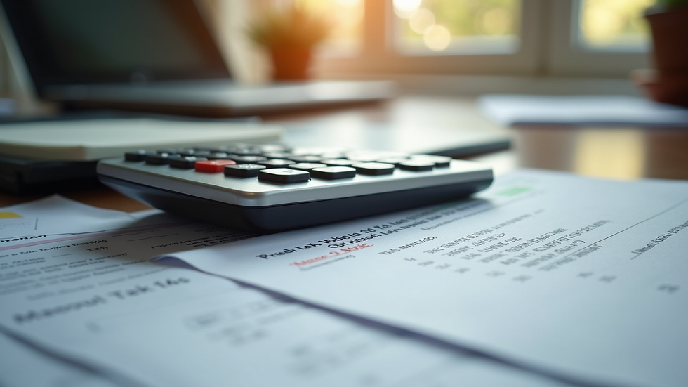 Eye-level view of a law office desk with tax documents and a calculator