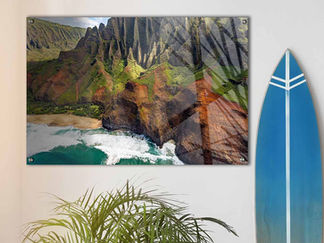 Coastal landscape art print and blue surfboard