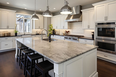 Modern kitchen with white cabinets and large granite island