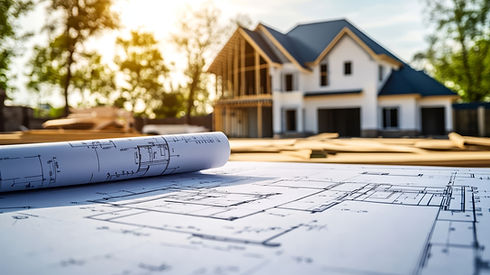 Blueprints and house under construction