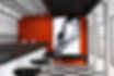 Modern bar with red wall, black and white floor, large portrait