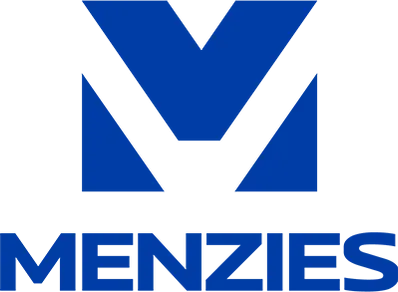 Blue Menzies company logo with stylized M on black background.
