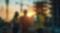 Three construction workers review building plans at sunset site.