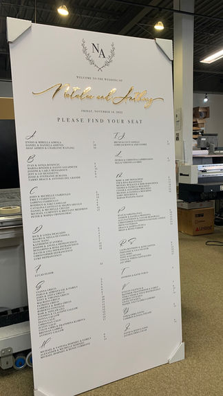 Large white event sign with a crest and 'Notes on Seating' text