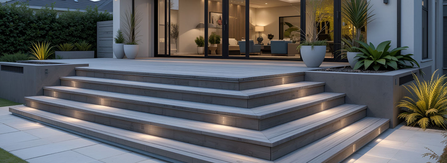 Modern house patio with illuminated steps at night