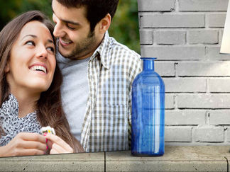 Smiling couple on canvas with blue bottle and lamp