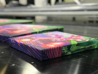 Colorful canvas prints on a production line