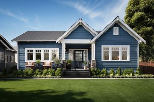 Modern house with blue horizontal siding and white trim.