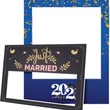 Photo booth frames: one with 'Just MARRIED', another for 'Class 2024'