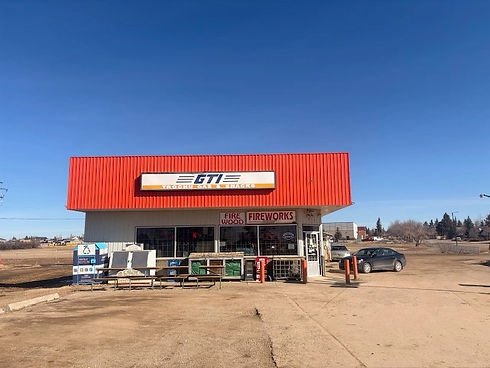 GTI store in Trochu with orange roof and fireworks sign
