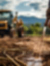 Gloved hand applies solution to soil, heavy equipment and mountains background.
