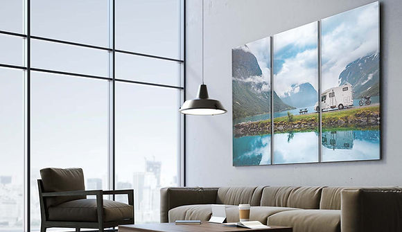 Multi-panel wall art of camper van by mountain lake