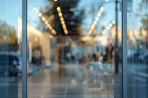 Modern glass storefront doors with a blurred interior view