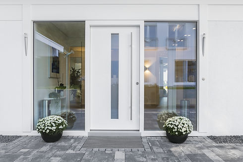 Modern white front door with sidelight windows