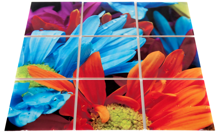 Decorative print of blue and orange flowers with grid