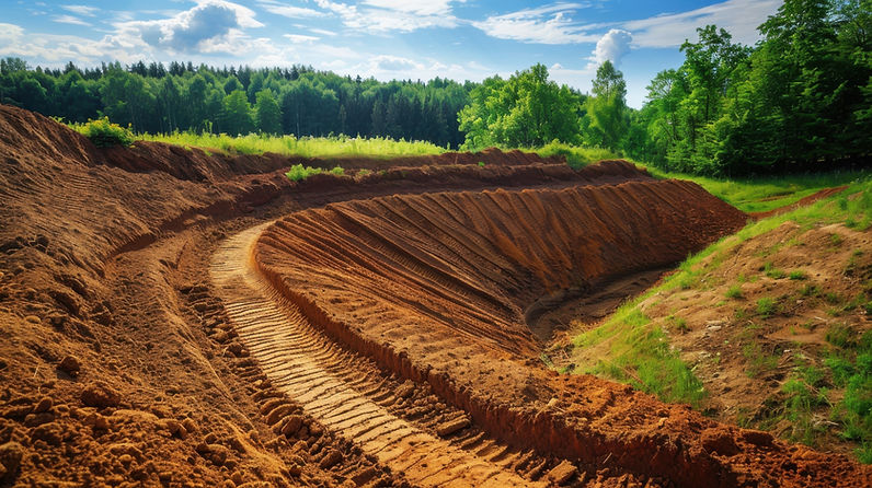 Newly excavated reddish-brown earth trench with machinery tracks, green forest.