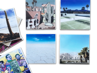 Collection of travel photos including desert, tennis court, salt flats