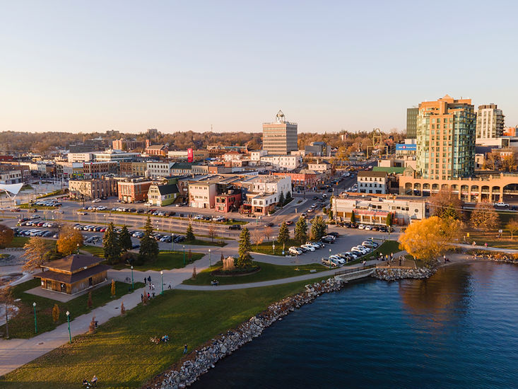Waterfront city with buildings and autumn trees