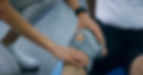Knee pain, physiotherapy and hands of patient with brace for support