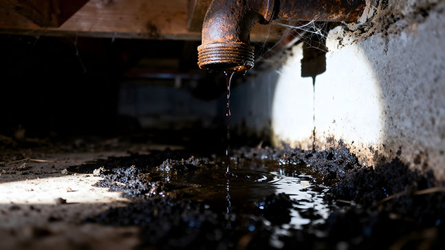 Leaking rusty pipe creating a muddy puddle