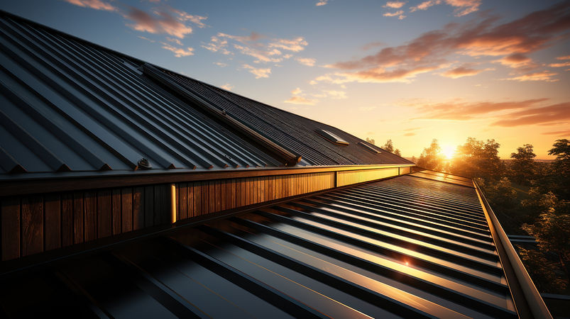 Modern dark gray metal roofing at sunset.