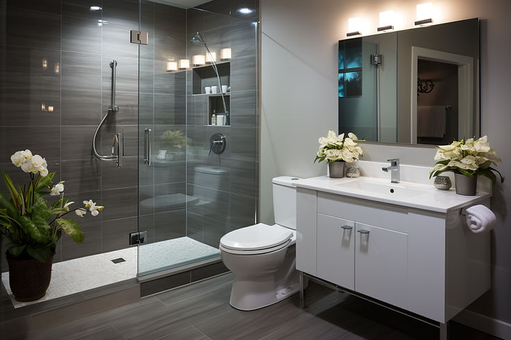 Modern bathroom with glass shower, white vanity, and toilet