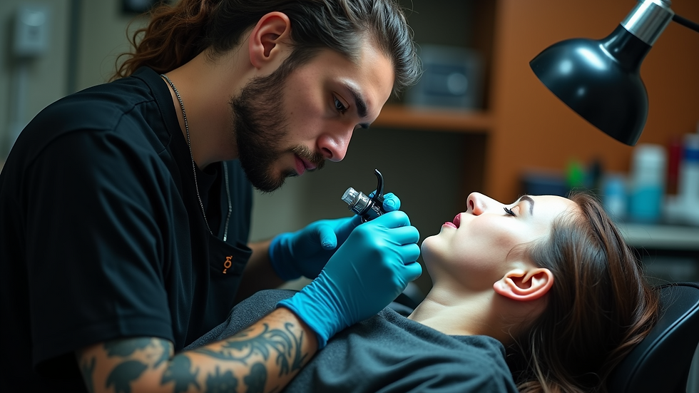 Eye-level view of a tattoo studio with a realism tattoo artist working on a client