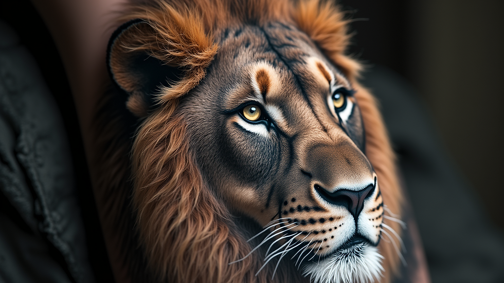 Close-up view of a detailed realism tattoo of a lion's face