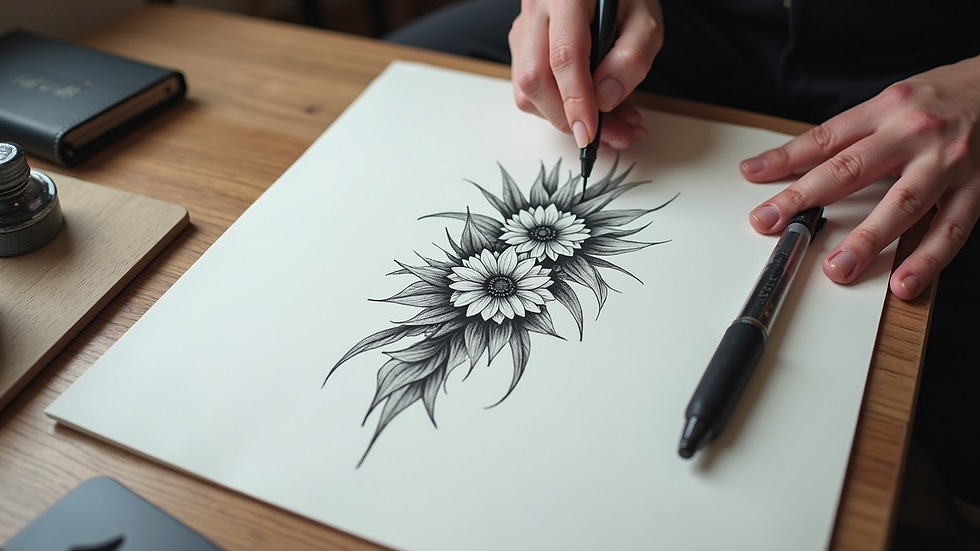 High angle view of a tattoo design sketch showing the 1/3 rule layout